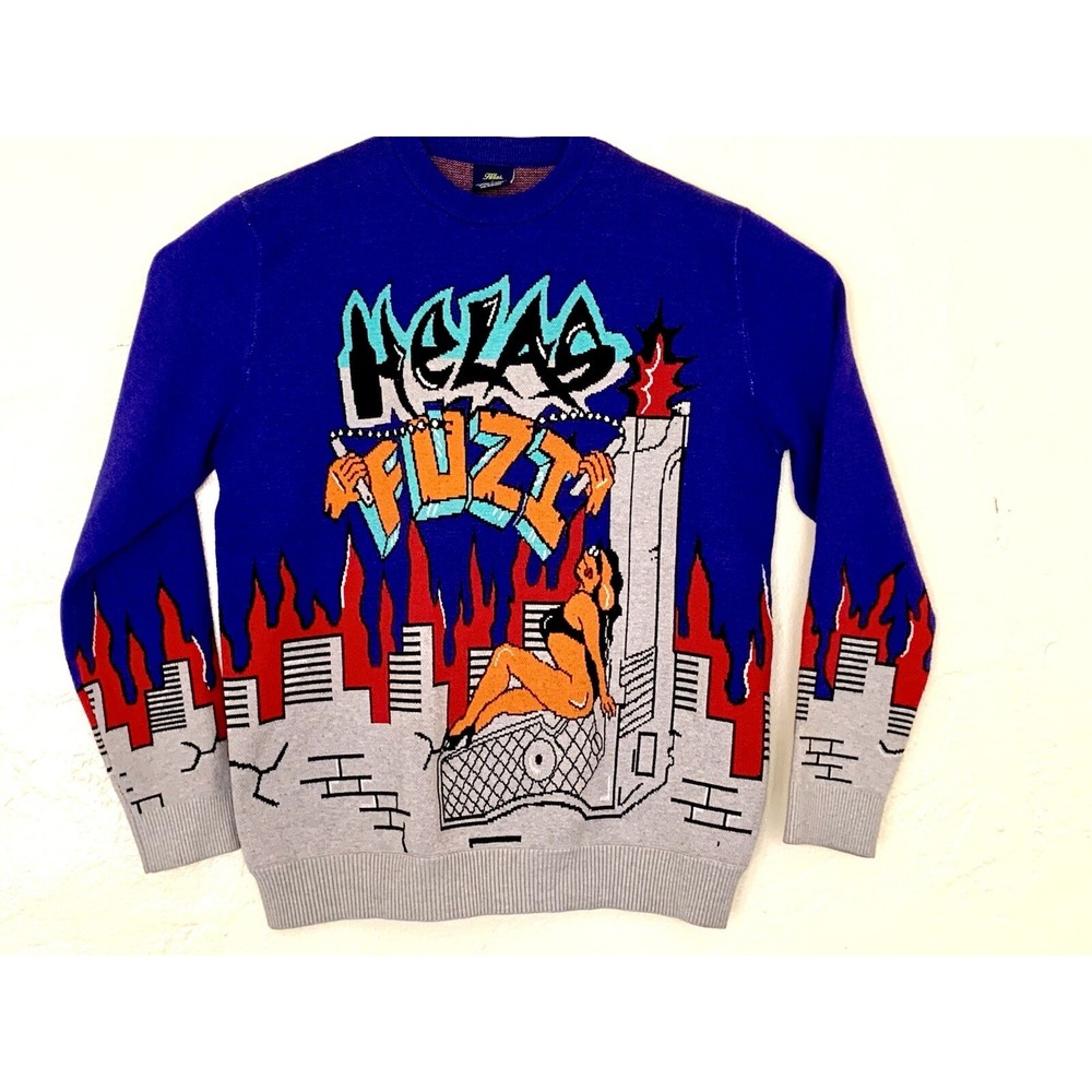 Hélas Fuzi Knit Sweater Art Hip Hop Street wear  All Over Graphic Print Sz L